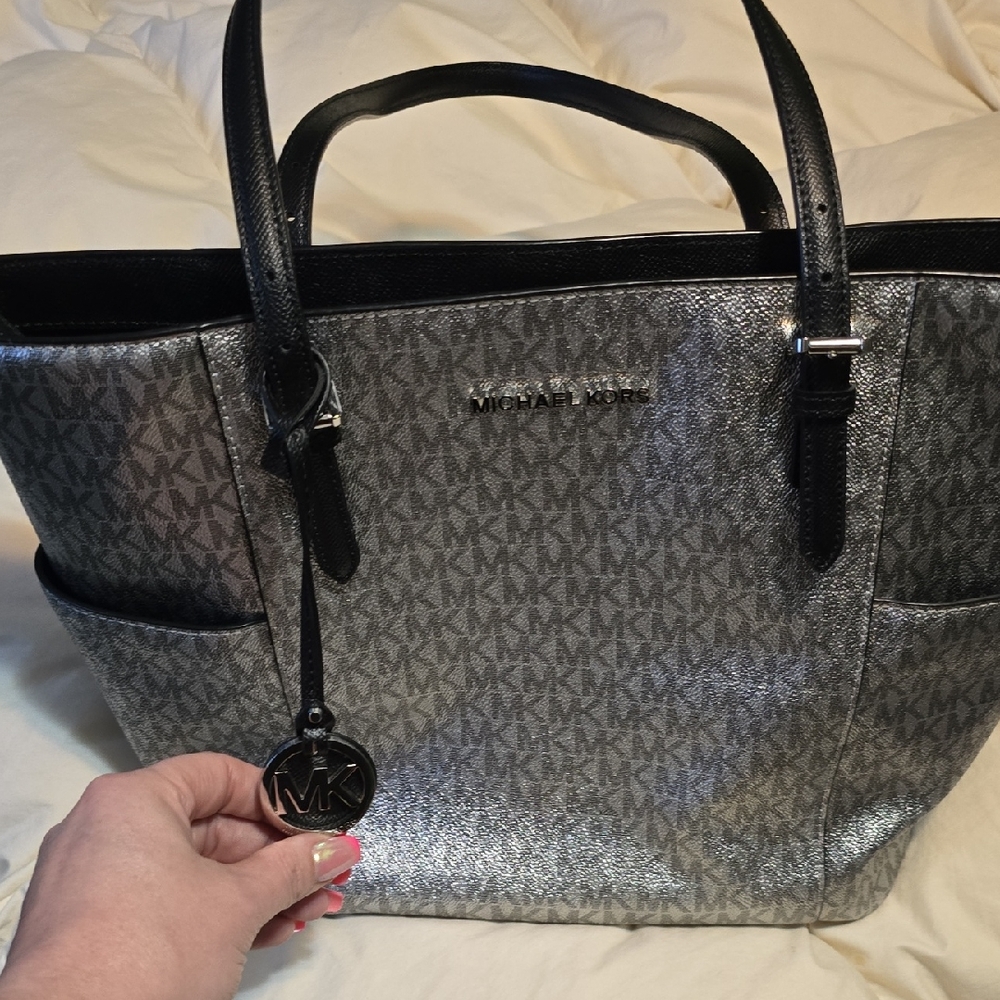 Michael Kors Metallic Silver and Black Tote